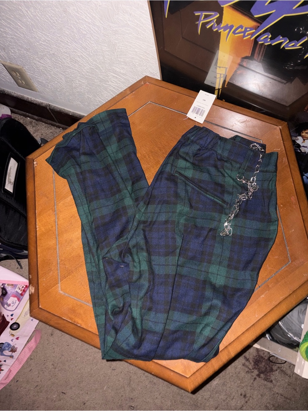 Hot Topic Green and Navy Plaid Pants with Silver Chain